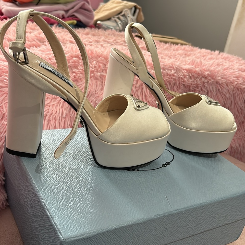 Prada Ivory Platform Sandal Heels with Logo Triangle - Picture 2 of 3